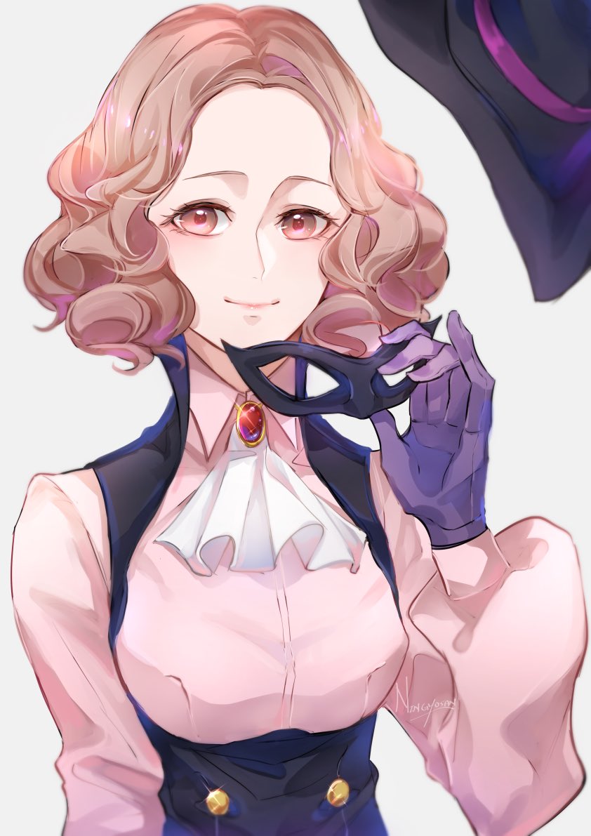 1girl, artist_name, ascot, black_hat, breasts, brooch, brown_eyes, brown_hair