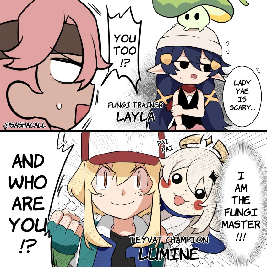 3girls, aqua_gloves, ash_ketchum, ash_ketchum_(cosplay), black_eyes, black_shirt, blonde_hair, blue_hair