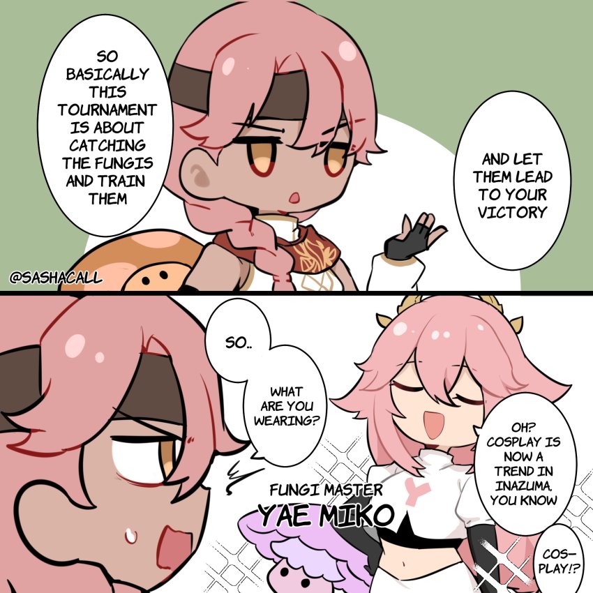 2girls, 2koma, :d, black_gloves, brown_eyes, chibi, comic, commentary, cosplay, crop_top, elbow_gloves, english_text, fungi_(genshin_impact), genshin_impact, gloves, hand_on_own_hip, hand_up, haniyyah_(genshin_impact), headband, highres, jessie_(pokemon), jessie_(pokemon)_(cosplay), midriff, multiple_girls, navel, nintendo, open_mouth, pink_hair, pokemon, pokemon_(anime), sashacall, shirt, skirt, skirt_set, smile, speech_bubble, stomach, upper_body, white_shirt, white_skirt, yae_miko