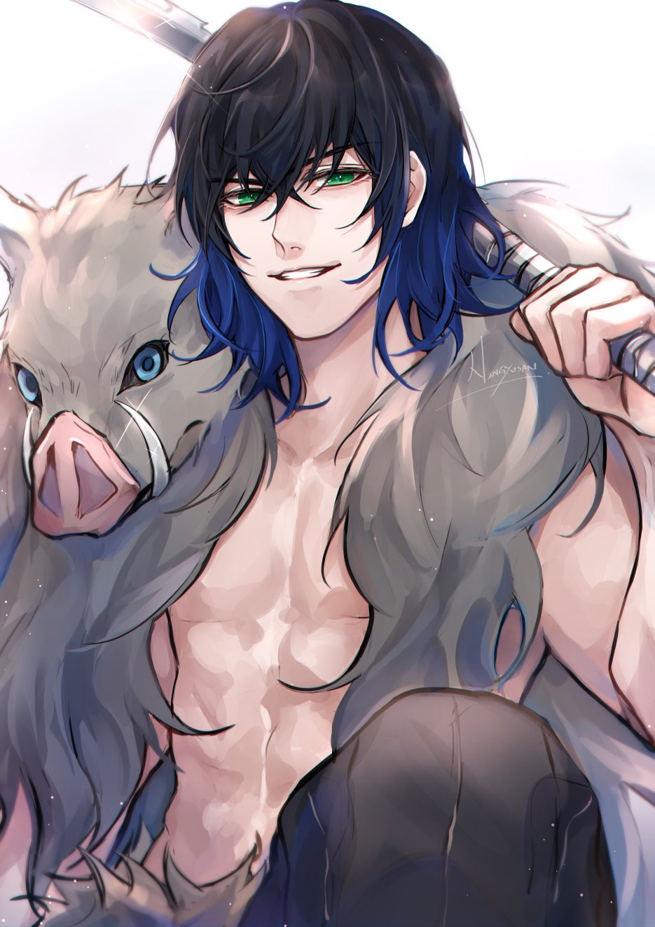 1boy, artist_name, black_hair, black_hakama, blue_eyes, blue_hair, boar_mask, crossed_bangs