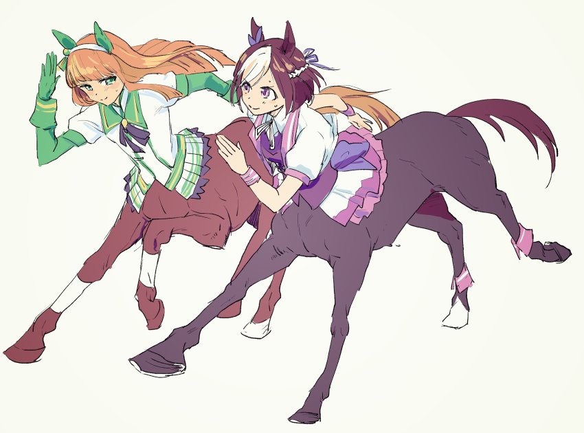 2girls, animal_ears, asakura_404, blunt_bangs, bow, braid, breasts, brown_hair, centaur, closed_mouth, commentary_request, ear_bow, ear_covers, flat_chest, full_body, gloves, green_eyes, green_gloves, hair_between_eyes, hair_ornament, hairband, highres, hime_cut, horse_ears, horse_tail, long_hair, long_sleeves, looking_at_another, monster_girl, monsterification, multicolored_hair, multiple_girls, orange_hair, pleated_skirt, purple_eyes, running, shirt, short_hair, short_sleeves, sidelocks, silence_suzuka_(innocent_silence)_(umamusume), silence_suzuka_(umamusume), simple_background, skirt, sleeve_cuffs, small_breasts, smile, special_week_(special_dreamer)_(umamusume), special_week_(umamusume), sweat, tail, taur, two-tone_hair, umamusume, white_background, white_hair, white_hairband, white_shirt, white_skirt