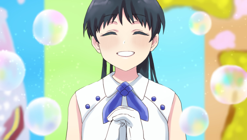 1girl, ^_^, black_hair, blue_ribbon, bubble, closed_eyes, coco_apollon, dress