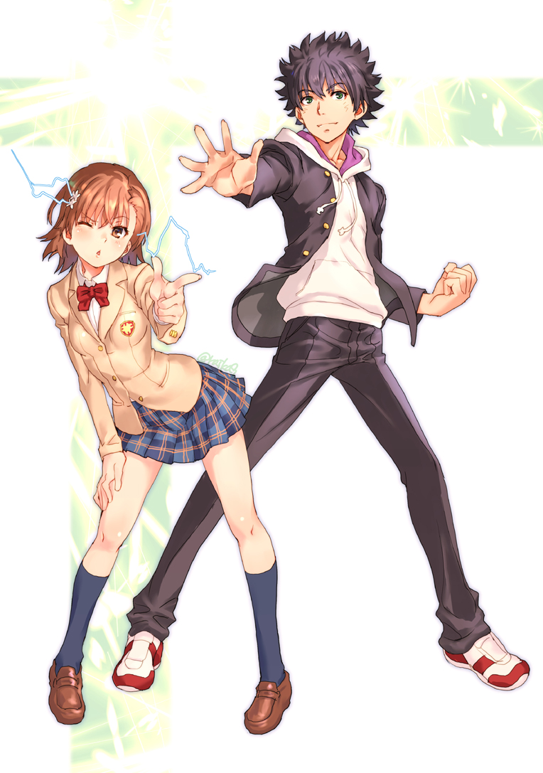1boy, 1girl, a_certain_high_school_uniform, black_eyes, black_hair, black_jacket, black_pants, black_socks