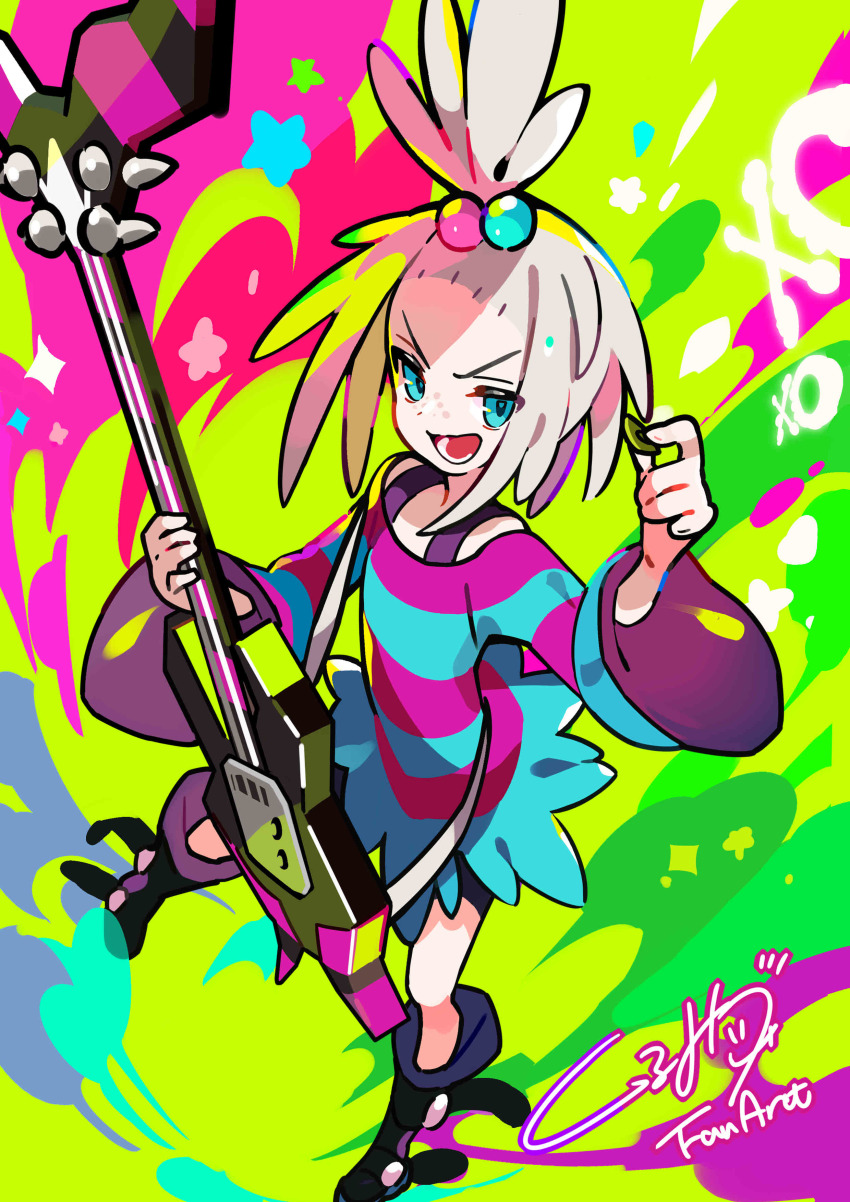 1girl, absurdres, bass_guitar, black_boots, boots, commentary_request, dress, green_eyes, hair_bobbles, hair_ornament, highres, holding, holding_instrument, holding_plectrum, instrument, kurumitsu, legs_apart, lower_teeth_only, nintendo, open_mouth, plectrum, pokemon, pokemon_black_2_and_white_2, roxie_(pokemon), signature, solo, spiked_hair, striped_clothes, striped_dress, teeth, topknot, two-tone_dress, white_hair