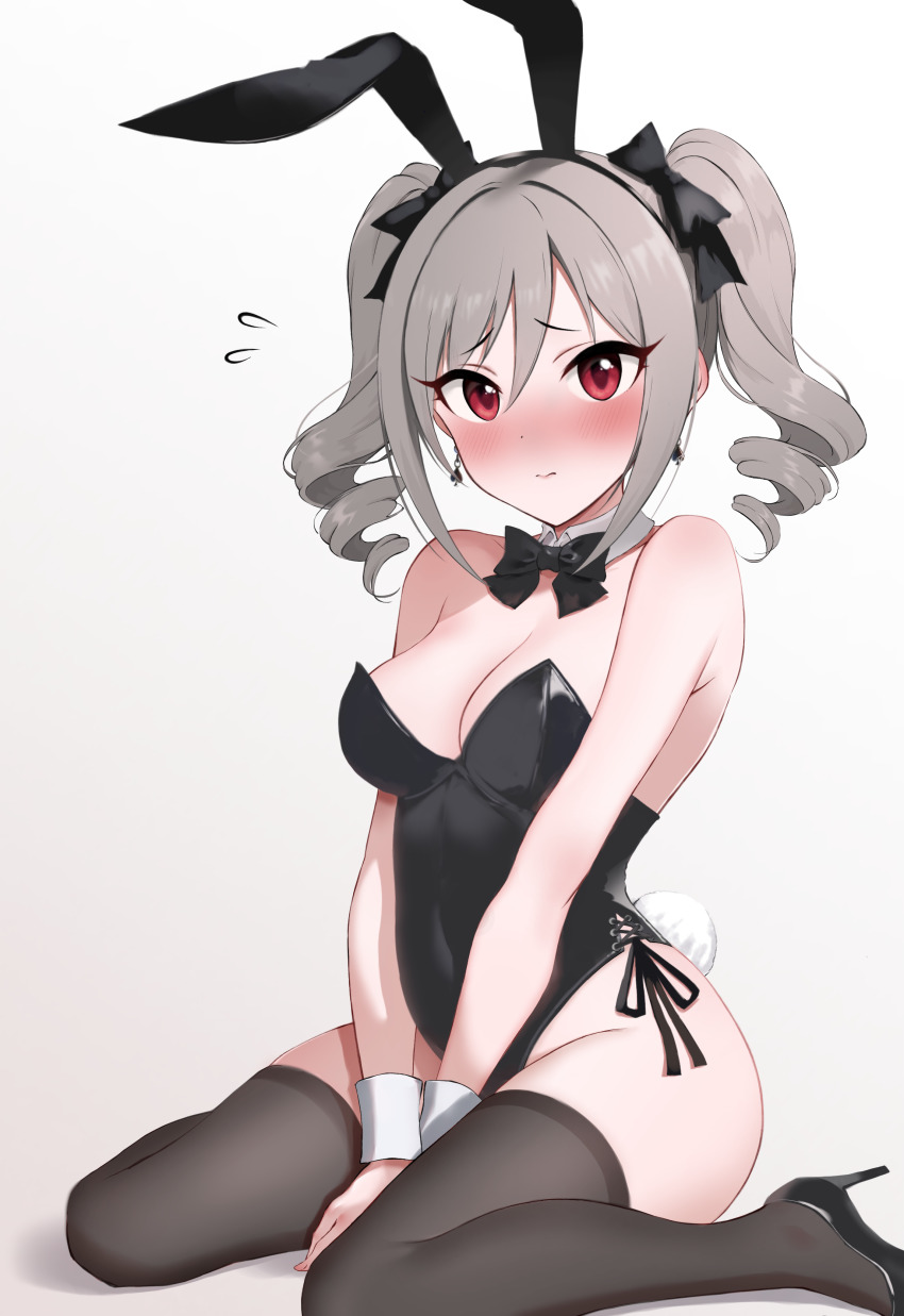 1girl, absurdres, animal_ears, bad_id, bad_pixiv_id, black_bow, black_bowtie, black_footwear, black_leotard, black_thighhighs, blush, bow, bowtie, breasts, cleavage, detached_collar, drill_hair, flying_sweatdrops, grey_hair, high_heels, highres, idolmaster, idolmaster_cinderella_girls, kanzaki_ranko, kono_(116), leotard, long_hair, medium_breasts, nose_blush, playboy_bunny, rabbit_ears, rabbit_tail, red_eyes, simple_background, sitting, solo, strapless, strapless_leotard, tail, thighhighs, twin_drills, twintails, v_arms, wariza, white_background, wrist_cuffs