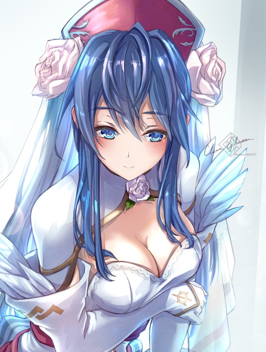 1girl, absurdres, blue_eyes, blue_hair, breasts, bridal_veil, bride, brooch