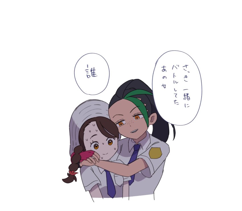 2girls, black_hair, braid, brown_eyes, brown_hair, dark-skinned_female, dark_skin, fingerless_gloves, gloves, green_hair, hat, highres, juliana_(pokemon), mira_(miramita8727), multicolored_hair, multiple_girls, necktie, nemona_(pokemon), nintendo, open_mouth, orange_eyes, pokemon, pokemon_scarlet_and_violet, purple_necktie, shade, single_fingerless_glove, smile, streaked_hair, sweat, translated, two-tone_hair, yandere