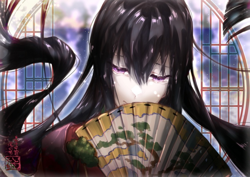1girl, absurdres, black_hair, closed_mouth, covering_own_mouth, fate/grand_order, fate_(series), floating_hair, folding_fan, hair_between_eyes, hand_fan, highres, japanese_clothes, jinkoshi_itori, kimono, light_particles, long_hair, looking_down, murasaki_shikibu_(fate), murasaki_shikibu_(third_ascension)_(fate), pine_tree, purple_eyes, red_kimono, round_window, seal_impression, solo, tree, tree_print, upper_body, window
