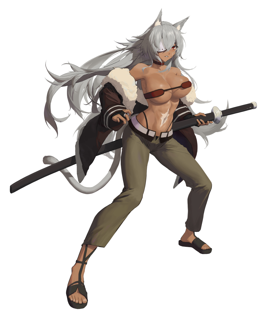 1girl, abs, absurdres, animal_ear_fluff, animal_ears, bandeau, bare_shoulders, belt, breasts, bridal_gauntlets, capri_pants, cat_ears, cat_tail, choker, cleavage, collarbone, commentary, dark-skinned_female, dark_skin, eyepatch, facial_scar, floating_hair, full_body, fur-trimmed_jacket, fur_trim, ghislaine_dedoldia, green_pants, grey_hair, hair_between_eyes, highleg, highleg_panties, highres, holding, holding_sword, holding_weapon, jacket, jiangyu_zhangyu, large_breasts, long_hair, long_sleeves, looking_at_viewer, muscular, muscular_female, mushoku_tensei, navel, obliques, off_shoulder, open_belt, open_clothes, open_jacket, open_pants, panties, pants, parted_lips, red_bandeau, red_choker, red_eyes, sandals, scar, scar_on_cheek, scar_on_face, scar_on_stomach, sheath, sheathed, sidelocks, simple_background, solo, standing, stomach, sword, tail, underboob, underwear, weapon, white_background