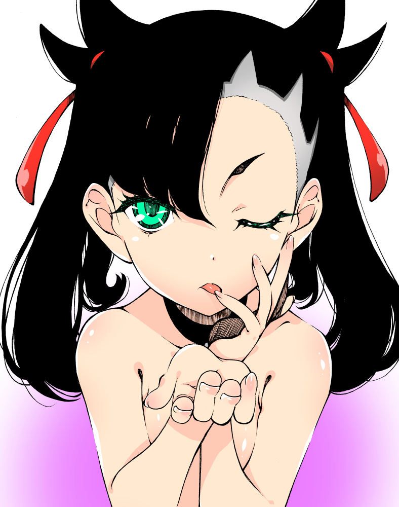 asymmetrical_bangs, black_choker, black_hair, choker, earrings, finger_to_mouth, green_eyes, hair_ribbon