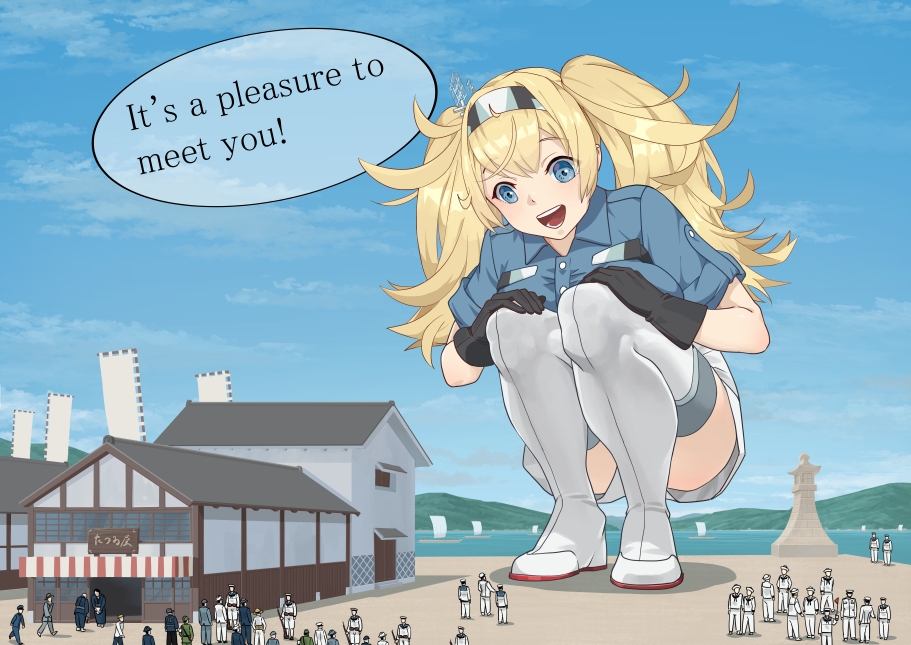 1girl, 6+boys, blonde_hair, blue_eyes, blue_jacket, boots, breasts, day