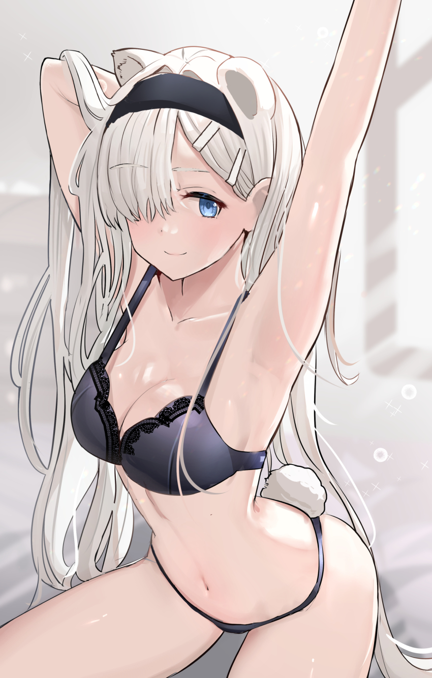 1girl, animal_ears, arknights, aurora_(arknights), bear_ears, bear_tail, black_bra, black_panties