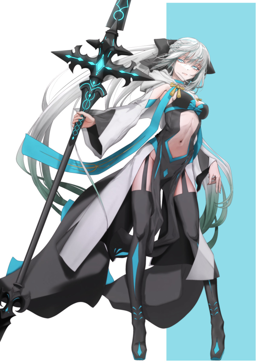 1girl, absurdres, black_bow, black_footwear, blue_eyes, boots, bow, closed_mouth