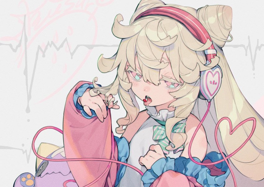 1girl, blonde_hair, blush, bukurote, cone_hair_bun, double_bun, dress, hair_bun