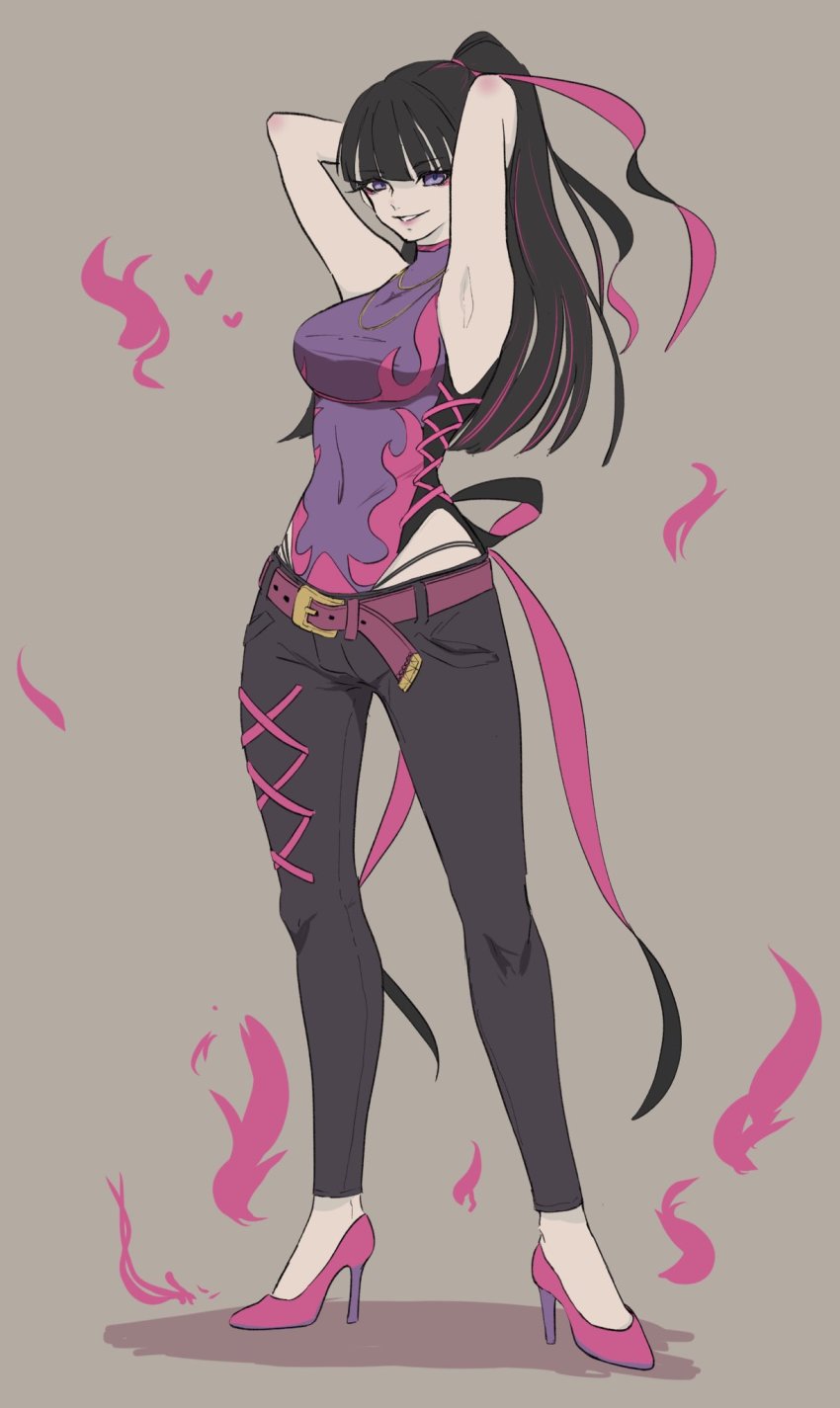 1girl, armpits, arms_behind_head, bare_arms, belt, black_hair, breasts, commentary_request, covered_navel, eyeshadow, full_body, gen_7_pokemon, grey_background, grey_eyes, hair_ribbon, high_heels, highres, humanization, large_breasts, leotard, long_hair, loose_belt, makeup, multicolored_hair, nintendo, pants, parted_lips, pokemon, ponytail, purple_leotard, ribbon, salazzle, smile, solo, standing, streaked_hair, torori_toro_(oimo_kenpi)