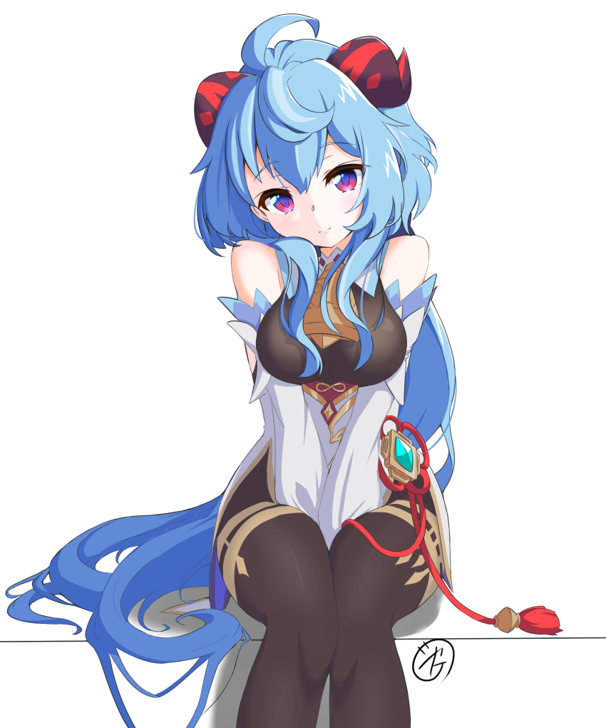 1girl, absurdres, ahoge, bell, black_bodysuit, blue_hair, bodysuit, commentary_request, detached_sleeves, ganyu_(genshin_impact), genshin_impact, hair_between_eyes, head_tilt, highres, horns, knees_together_feet_apart, long_hair, long_sleeves, looking_at_viewer, low_ponytail, neck_bell, ponytail, purple_eyes, sake_shake, sidelocks, simple_background, sitting, solo, v_arms, vision_(genshin_impact), white_background