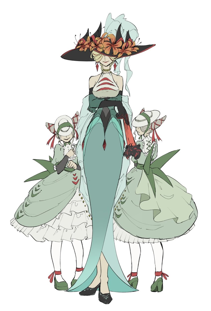 3girls, bare_shoulders, black_footwear, black_gloves, black_headwear, blonde_hair, breasts, choker