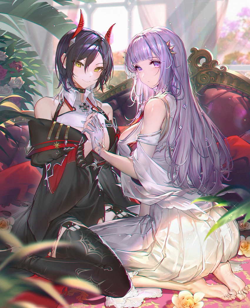 2girls, absurdres, ass, azur_lane, bare_shoulders, barefoot, black_choker, black_coat