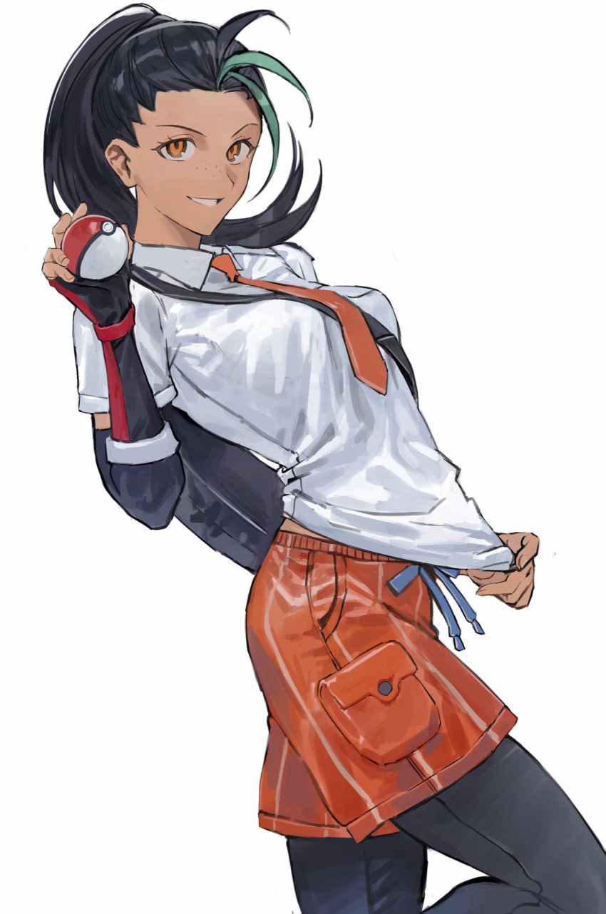 1girl, black_hair, dark-skinned_female, dark_skin, elbow_gloves, fingerless_gloves, freckles, gloves, grin, hashibiro_kou_(garapiko_p), highres, holding, holding_poke_ball, looking_at_viewer, midriff_peek, necktie, nemona_(pokemon), nintendo, open_mouth, orange_eyes, orange_necktie, poke_ball, pokemon, pokemon_scarlet_and_violet, ponytail, shirt, simple_background, smile, white_background, white_shirt