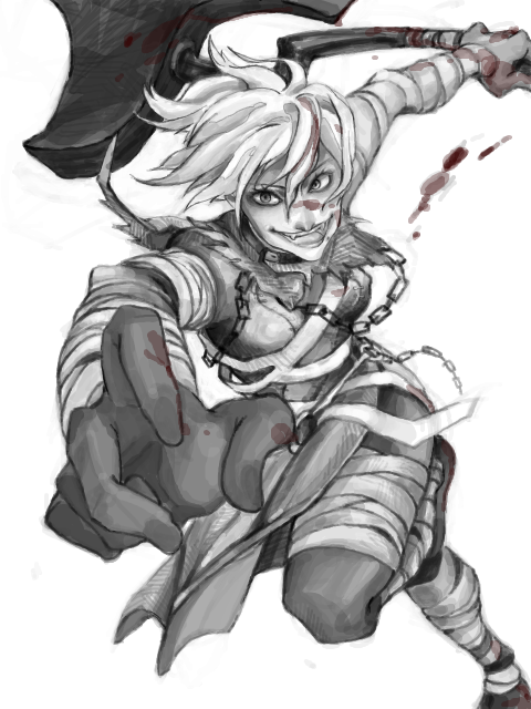 1girl, axe, bandages, blood, chain, demon's_souls, executioner_miralda, female_focus, fromsoftware, monochrome, open_mouth, short_hair, solo, spot_color, weapon