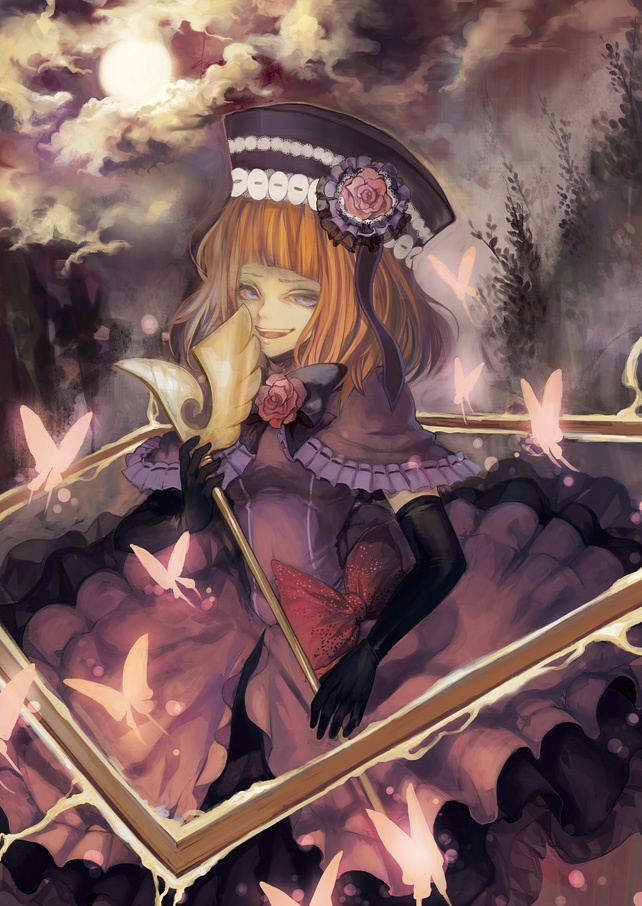 1girl, bad_id, bad_pixiv_id, blue_eyes, bow, bug, butterfly, cloud