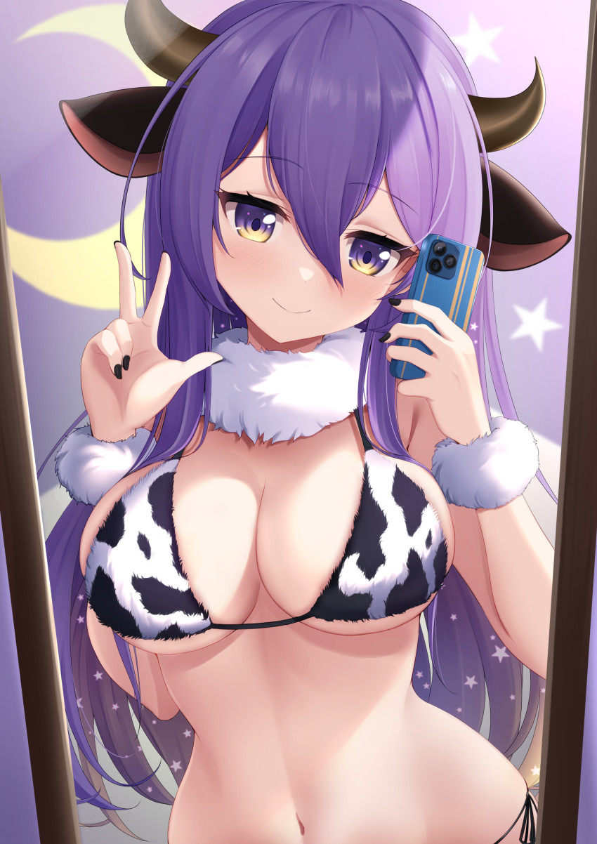 1girl, absurdres, animal_ears, animal_print, bikini, black_nails, breasts, cellphone
