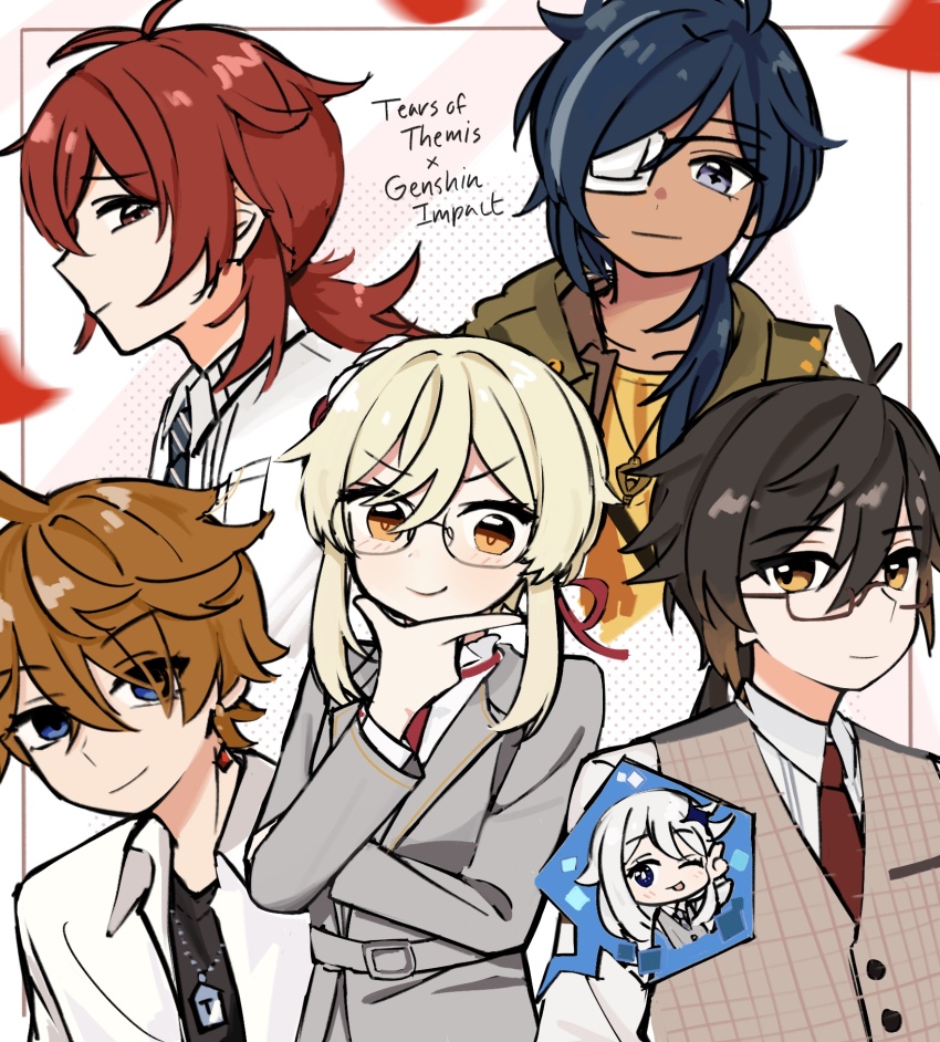 2girls, 4boys, :p, black_necktie, black_shirt, blonde_hair, blue_eyes, blue_hair, blue_necktie, brown_eyes, brown_hair, brown_jacket, brown_vest, closed_mouth, collared_shirt, company_connection, copyright_name, cosplay, dark-skinned_male, dark_skin, davis_(tears_of_themis), davis_(tears_of_themis)_(cosplay), diluc_(genshin_impact), dog_tags, eyepatch, genshin_impact, glasses, grey_vest, highres, jacket, kaeya_(genshin_impact), looking_at_viewer, luke_pearce_(tears_of_themis), luke_pearce_(tears_of_themis)_(cosplay), lumine_(genshin_impact), marius_von_hagen_(tears_of_themis), marius_von_hagen_(tears_of_themis)_(cosplay), medical_eyepatch, mihoyo, multiple_boys, multiple_girls, necktie, one_eye_closed, orange_eyes, paimon_(genshin_impact), ponytail, red_eyes, red_hair, red_necktie, rosa_(tears_of_themis), rosa_(tears_of_themis)_(cosplay), shirt, short_hair, simple_background, smile, tartaglia_(genshin_impact), tears_of_themis, tongue, tongue_out, vest, vyn_richter_(tears_of_themis), vyn_richter_(tears_of_themis)_(cosplay), white_background, white_hair, white_jacket, white_shirt, zhacaitan, zhongli_(genshin_impact)