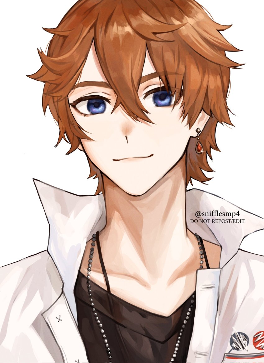 1boy, artist_name, black_shirt, blue_eyes, brown_hair, closed_mouth, cosplay, dog_tags