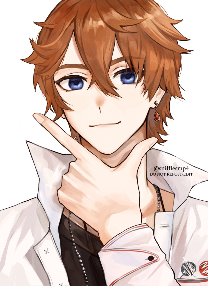 1boy, 1girl, artist_name, black_shirt, blue_eyes, brown_hair, closed_mouth, cosplay