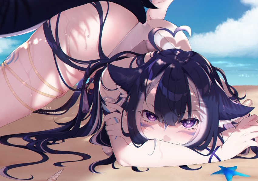 1girl, ahoge, animal_ears, artist_name, ass, beach, black_hair, blue_sky, body_markings, breasts, cetacean_tail, cloud, commentary, english_commentary, fins, fish_tail, heart, heart-shaped_pupils, heart_ahoge, highres, indie_virtual_youtuber, katsumi_(katsumissan), large_breasts, long_hair, looking_at_viewer, multicolored_hair, one-piece_swimsuit, orca_girl, purple_eyes, sand, shylily, shylily_(3rd_costume), sky, streaked_hair, swimsuit, symbol-shaped_pupils, tail, thigh_strap, top-down_bottom-up, virtual_youtuber, water, white_hair, white_one-piece_swimsuit