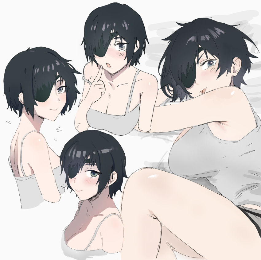 1girl, black_hair, breasts, chainsaw_man, cleavage, eyepatch, grey_tank_top, highres, himeno_(chainsaw_man), large_breasts, looking_at_viewer, lying, mon_(icebuko), off_shoulder, on_side, pointing, pointing_at_self, short_hair, sideways_glance, simple_background, solo, tank_top, tongue, tongue_out, white_background