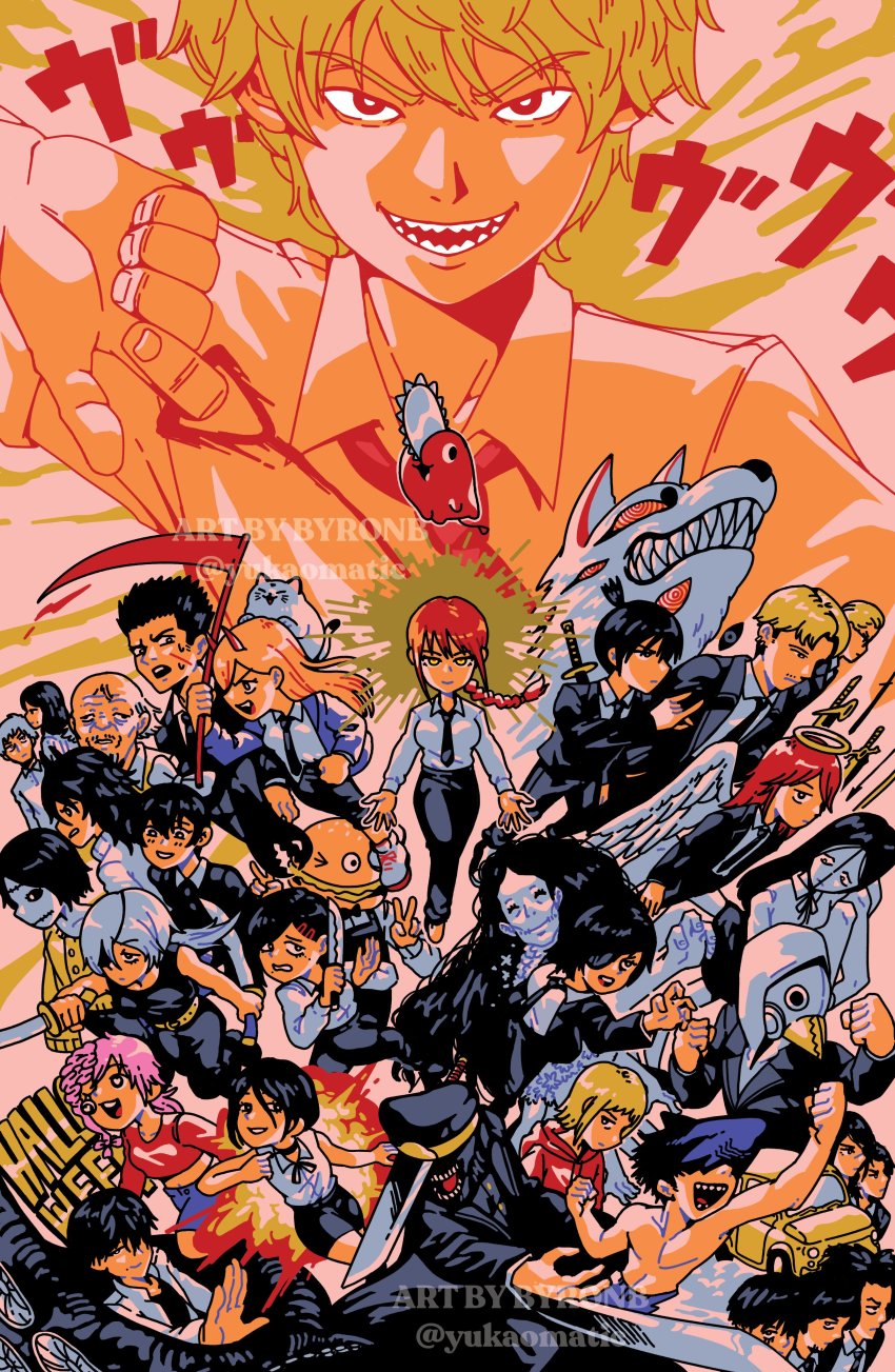 absurdres, aldo_(chainsaw_man), angel_devil_(chainsaw_man), angel_wings, animal, animal_on_head, arm_up, bald