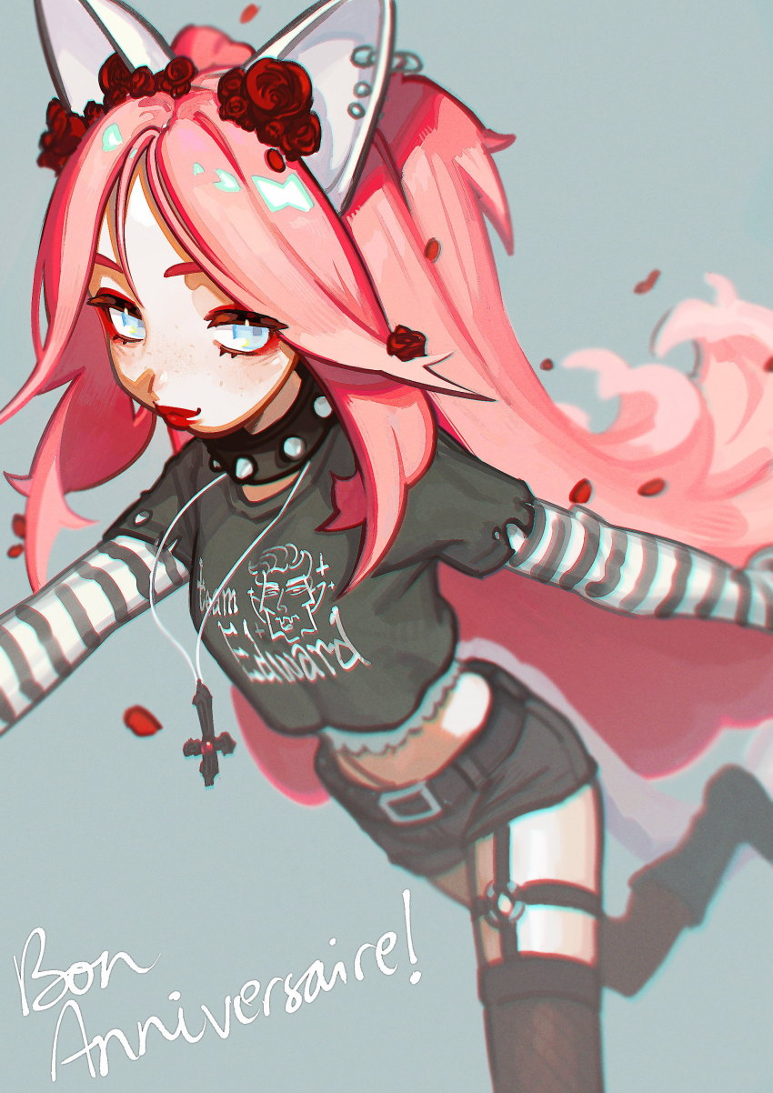 1girl, absurdres, animal_ears, belt, blue_eyes, blush, boots, cat_ears, cat_girl, cat_tail, collar, crop_top, cross, cross_necklace, ear_piercing, fishnet_thighhighs, fishnets, flower, freckles, garter_straps, hair_flower, hair_ornament, highres, irarugii, jewelry, layered_sleeves, long_hair, long_sleeves, midriff, necklace, o-ring, original, parted_bangs, piercing, pink_hair, print_shirt, red_lips, rose, shirt, short_over_long_sleeves, short_sleeves, shorts, smile, solo, spiked_collar, spikes, standing, standing_on_one_leg, striped_clothes, striped_shirt, t-shirt, tail, thighhighs, torn_clothes, torn_shirt, twilight_(series), very_long_hair, walking