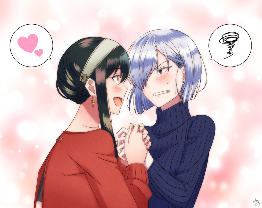 2girls, annoyed, blue_w_moon, blush, colored_eyelashes, dress, earrings, embarrassed, fiona_frost, gold_earrings, hairband, heart, highres, holding_hands, jewelry, looking_at_another, multiple_girls, off-shoulder_sweater, off_shoulder, open_mouth, red_sweater, short_hair_with_long_locks, smile, speech_bubble, spoken_heart, spoken_squiggle, spy_x_family, squiggle, sweatdrop, sweater, sweater_dress, two-sided_fabric, white_hairband, yor_briar, yuri