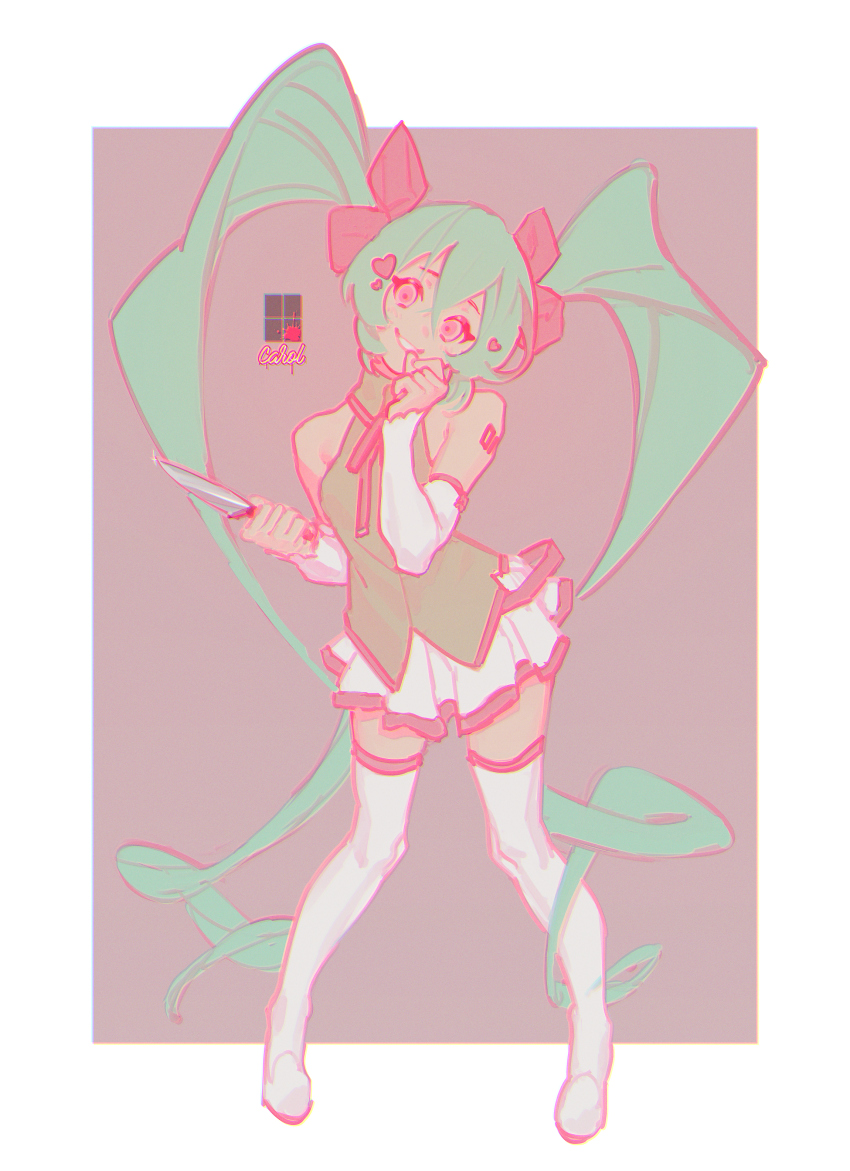 1girl, absurdres, bad_id, bad_pixiv_id, boots, bow, carol_(vocaloid), curly_hair, full_body, gloves, green_hair, grin, hair_bow, hair_ornament, hatsune_miku, heart, heart_hair_ornament, highres, holding, holding_knife, irarugii, knife, limited_palette, long_hair, looking_at_viewer, neck_ribbon, pink_eyes, pleated_skirt, ribbon, shirt, skirt, sleeveless, sleeveless_shirt, smile, solo, thigh_boots, twintails, very_long_hair, vocaloid