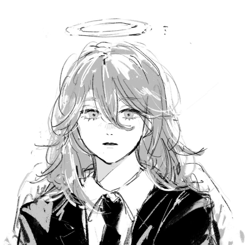 1boy, angel_devil_(chainsaw_man), black_jacket, black_necktie, chainsaw_man, collared_shirt, formal_clothes, greyscale, hair_between_eyes, halo, highres, jacket, long_hair, looking_at_viewer, messy_hair, monochrome, necktie, samenai_ymkr, shirt, simple_background, solo, suit, white_background, white_shirt, wings