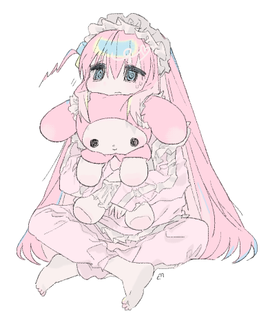 1girl, @_@, apron, barefoot, blue_eyes, bocchi_the_rock!, character_doll, closed_mouth