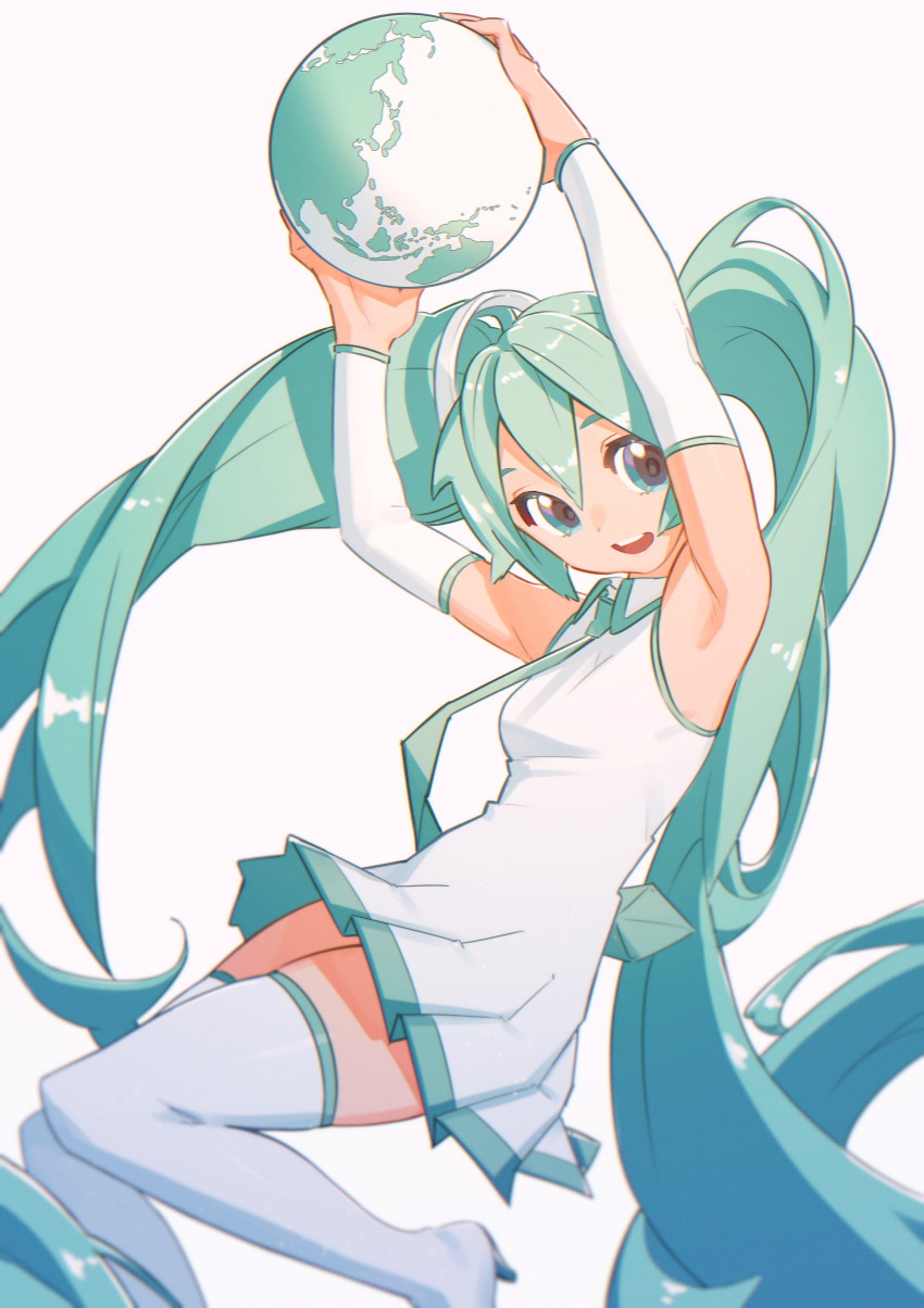 1girl, :d, absurdres, armpits, arms_up, blue_eyes, blue_hair, boots, collared_dress, detached_sleeves, dress, earth_(planet), hatsune_miku, highres, holding_planet, irarugii, long_hair, necktie, open_mouth, planet, pleated_dress, sleeveless, sleeveless_dress, smile, solo, thigh_boots, twintails, very_long_hair, vocaloid