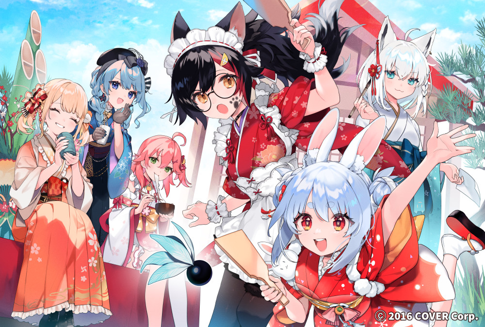 6+girls, :3, ahoge, alternate_costume, animal_ears, apron, asymmetrical_hair, bell
