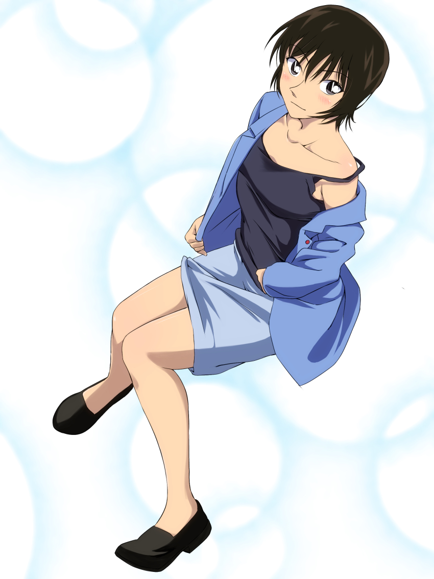 1girl, absurdres, black_eyes, black_footwear, black_shirt, blue_jacket, blue_skirt, blush, brown_hair, closed_mouth, collarbone, hair_between_eyes, highres, hugimosi, invisible_chair, jacket, long_sleeves, looking_at_viewer, meitantei_conan, miniskirt, off_shoulder, open_clothes, open_jacket, pencil_skirt, satou_miwako, shirt, short_hair, sitting, skirt, sleeveless, sleeveless_shirt, smile, solo