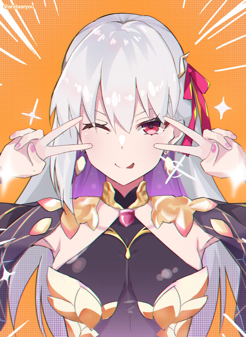 1girl, arata_ryou, armor, bare_shoulders, bikini_armor, blush, breasts, collar, detached_sleeves, double_v, dress, earrings, emotional_engine_-_full_drive, fate/grand_order, fate_(series), hair_ribbon, highres, jewelry, kama_(assassin)_(second_ascension)_(fate), kama_(fate), kama_(second_ascension)_(fate), kama_(teenager)_(fate), large_breasts, long_hair, looking_at_viewer, metal_collar, one_eye_closed, purple_dress, purple_sleeves, red_eyes, ribbon, smile, solo, sparkle, tongue, tongue_out, v, white_hair