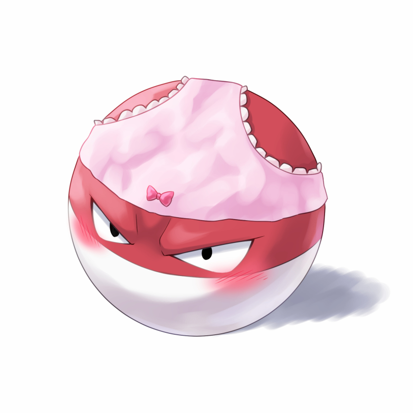 black_eyes, blush, commentary_request, full_body, furrowed_brow, gen_1_pokemon, highres, kkkotora, looking_at_viewer, nintendo, no_humans, panties, pink_panties, pokemon, pokemon_(creature), pokemon_focus, solo, underwear, voltorb, white_background