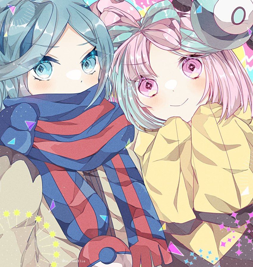 1boy, 1girl, bow-shaped_hair, character_hair_ornament, grusha_(pokemon), hair_ornament, hexagon_print, highres, iono_(pokemon), jacket, long_sleeves, multicolored_hair, nintendo, oversized_clothes, poke_ball_print, pokemon, pokemon_scarlet_and_violet, scarf, scarf_over_mouth, sleeves_past_fingers, sleeves_past_wrists, split-color_hair, to_camellia, two-tone_scarf, yellow_jacket