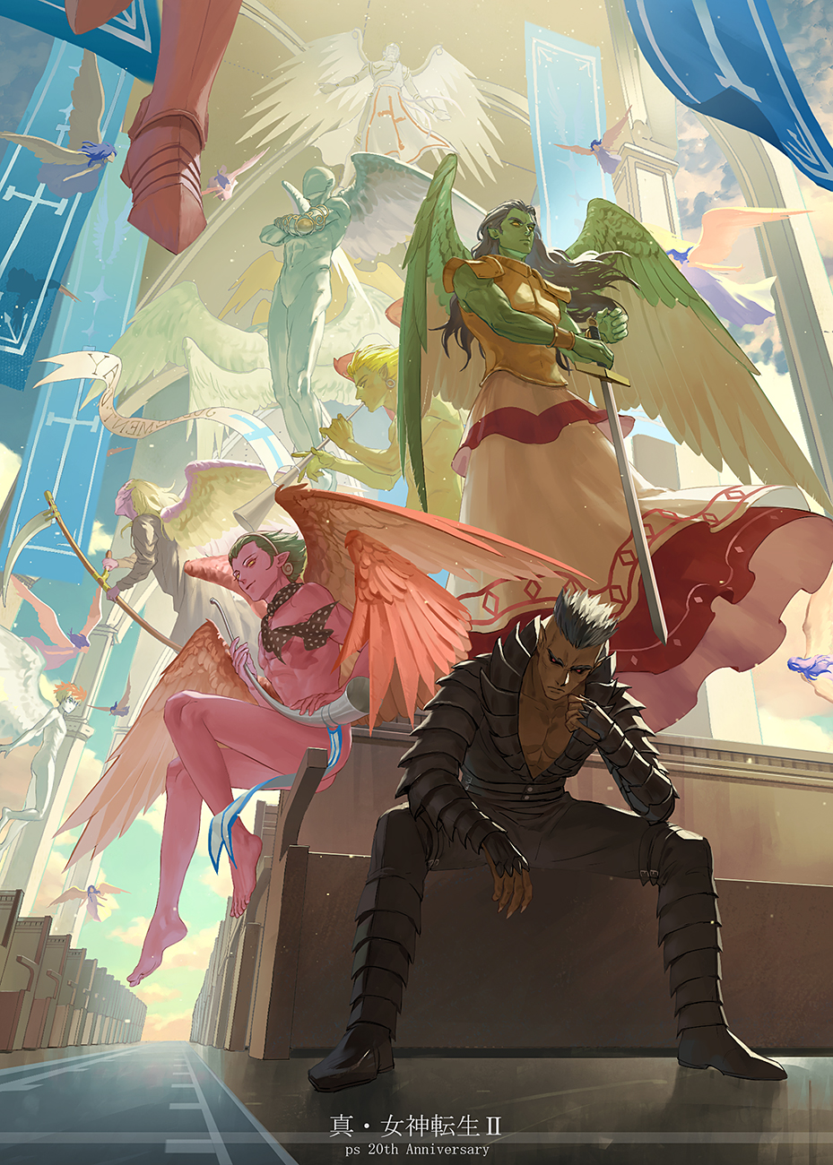 6+boys, 6+girls, angel, angel_(megami_tensei), angel_wings, armor, black_hair, black_neckerchief, blonde_hair, closed_mouth, colored_skin, commentary, crossed_arms, demon_(megami_tensei), faceless, feathered_wings, floating, gabriel_(megami_tensei), green_hair, highres, holding, holding_instrument, holding_scythe, holding_sword, holding_weapon, instrument, kushiel_(megami_tensei), long_hair, metatron_(megami_tensei), multiple_boys, multiple_girls, multiple_wings, muscular, muscular_male, neckerchief, o_c_x, outstretched_arms, pointy_ears, raguel_(megami_tensei), red_eyes, remiel_(megami_tensei), sariel_(megami_tensei), satan_(megami_tensei), scythe, shin_megami_tensei, shin_megami_tensei_ii, short_hair, shoulder_armor, sitting, sleeveless, smile, spiked_hair, spread_arms, standing, sword, weapon, white_hair, wings, wrist_cuffs, yellow_eyes