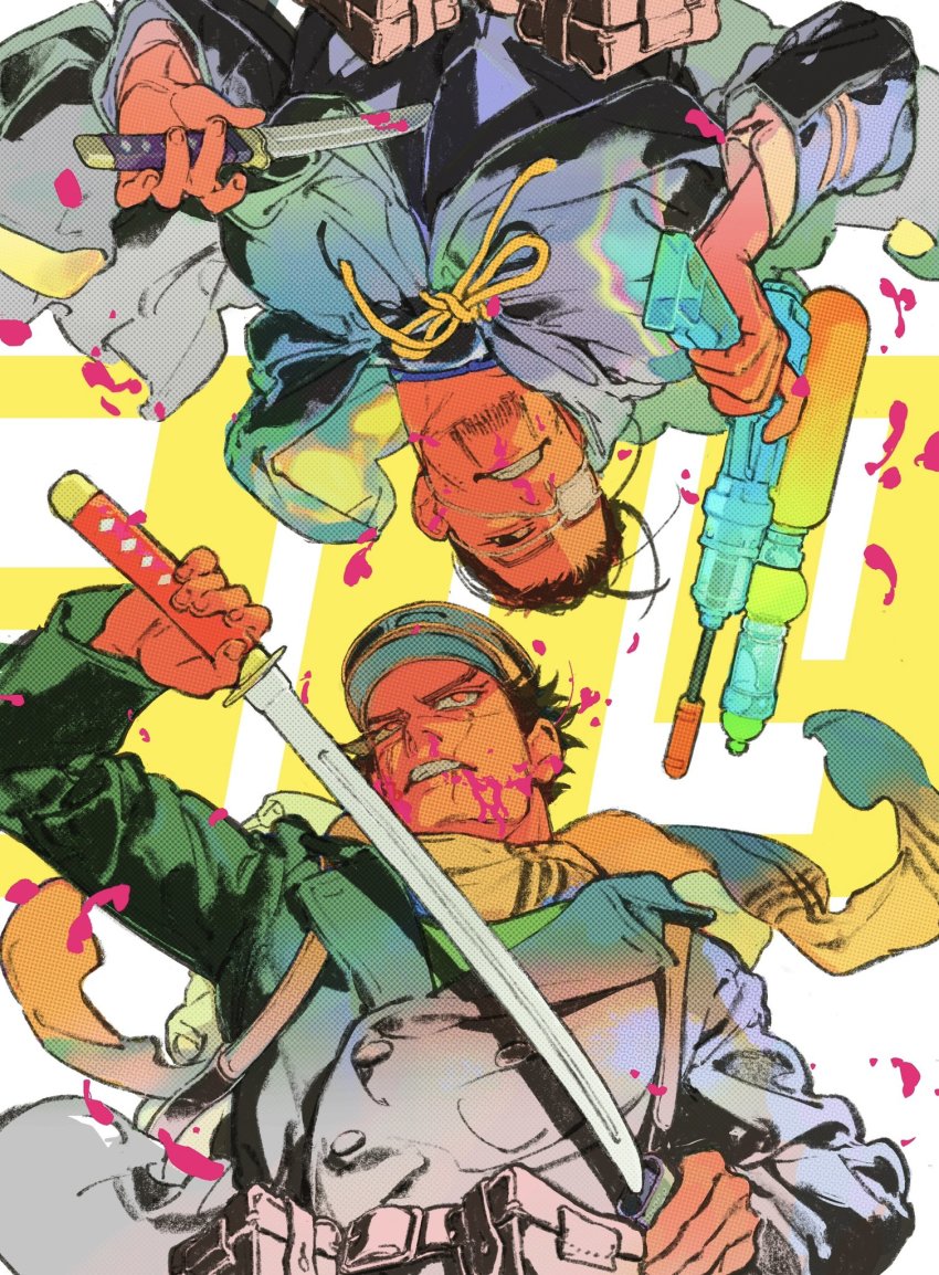 2boys, anachronism, backpack, bag, belt_pouch, black_eyes, black_hair, blue_jacket