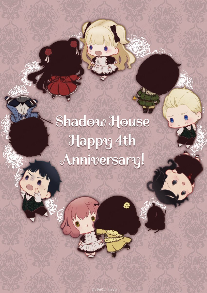 4boys, 6+girls, anniversary, apron, black_bow, black_dress, black_hair, black_skin, blonde_hair, blue_dress, blue_eyes, blue_jacket, blunt_bangs, blush, bow, chibi, colored_skin, dress, emilico_(shadows_house), english_text, flower, frills, hair_bow, hair_flower, hair_ornament, highres, jacket, john_(shadows_house), kate_(shadows_house), long_hair, long_sleeves, lou_(shadows_house), louise_(shadows_house), multiple_boys, multiple_girls, nomayu, open_mouth, patrick_(shadows_house), puffy_sleeves, purple_eyes, ram_(shadows_house), red_dress, red_hair, ribbon, ricky_(shadows_house), rose, shadow_(shadows_house), shadows_house, shaun_(shadows_house), shirley_(shadows_house), shirt, short_hair, smile, two_side_up, white_apron, white_shirt, yellow_eyes