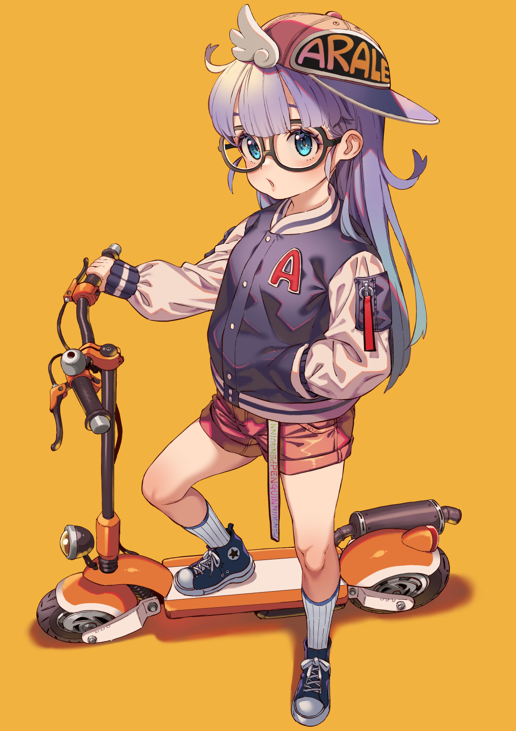 1girl, aqua_eyes, baseball_cap, blush, dr._slump, full_body, glasses, hand_in_pocket, hat, highres, jacket, kink_(tortoiseshell), letterman_jacket, long_hair, looking_at_viewer, motorized_scooter, norimaki_arale, open_mouth, orange_background, purple_hair, shoes, shorts, simple_background, sneakers, socks, solo, winged_hat