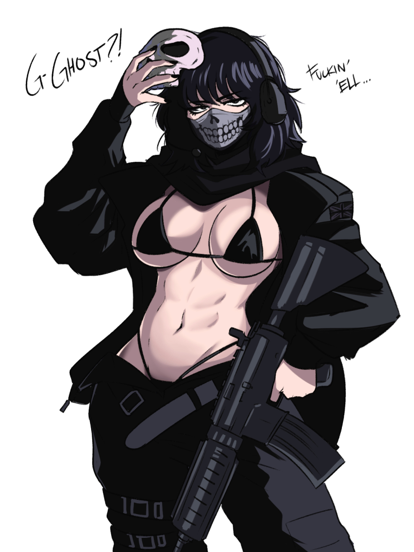 1girl, abs, black_bra, black_jacket, black_panties, black_pants, black_theme, bra, breasts, breasts_apart, call_of_duty, call_of_duty:_modern_warfare_2, cowboy_shot, english_text, female_focus, genderswap, genderswap_(mtf), ghost_(modern_warfare_2), gloves, gun, headphones, highleg, highleg_panties, highres, holding, holding_gun, holding_mask, holding_weapon, jacket, large_breasts, long_sleeves, mask, unworn_mask, medium_hair, mouth_mask, navel, panties, pants, shiny_skin, simple_background, solo, stomach, teeth_print, tina_fate, underboob, underwear, weapon, white_background