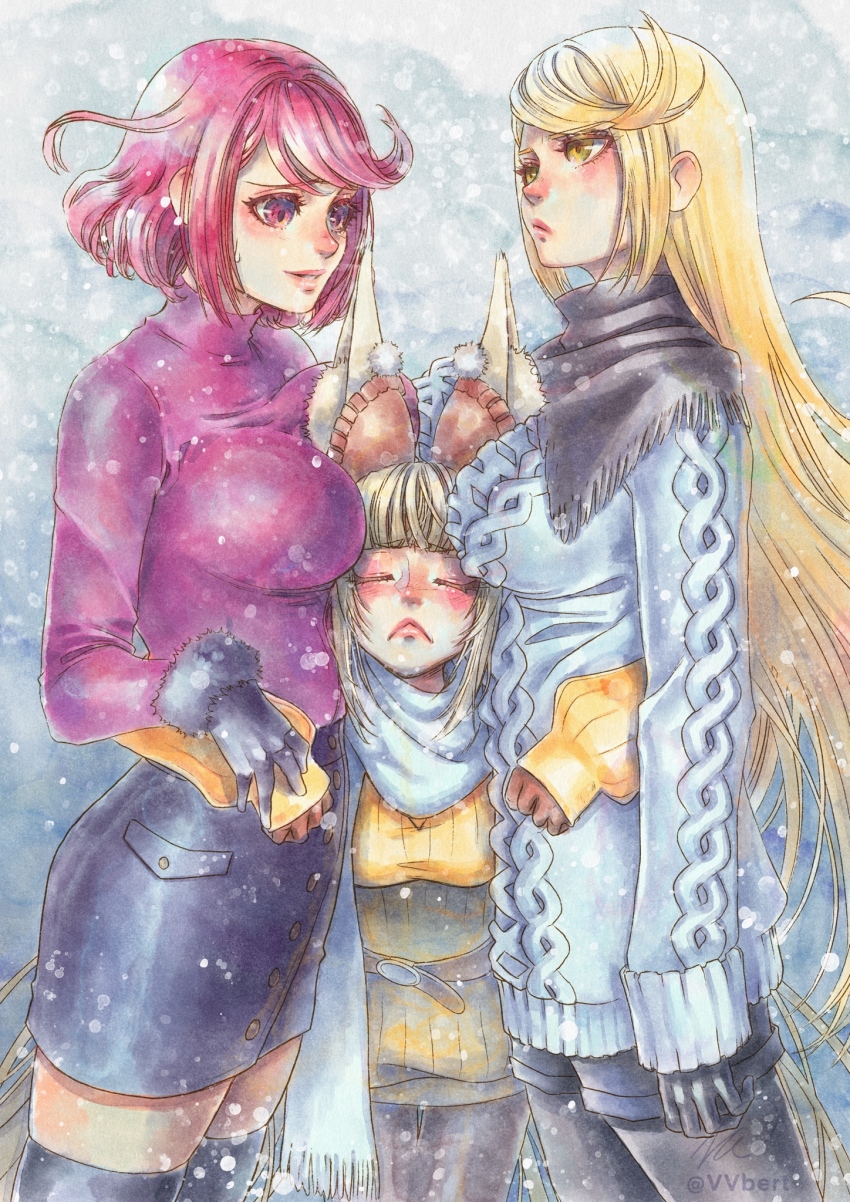 3girls, :<, arm_around_another's_waist, between_breasts, blonde_hair, breasts, casual, closed_eyes, dual_persona, female_focus, girl_sandwich, head_between_breasts, highres, large_breasts, looking_at_another, matching_hair/eyes, medium_breasts, multiple_girls, mythra_(xenoblade), nia_(blade)_(xenoblade), nia_(xenoblade), pyra_(xenoblade), red_eyes, red_hair, sandwiched, scarf, skirt, smile, snowing, sweater, thighhighs, vvbert, xenoblade_chronicles_(series), xenoblade_chronicles_2, yellow_eyes