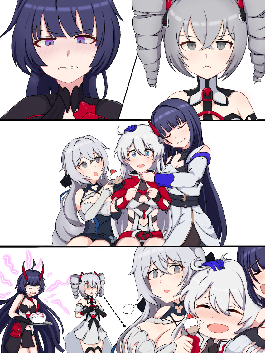 5girls, absurdres, angry, birthday_cake, black_gloves, blue_eyes, blush, breasts